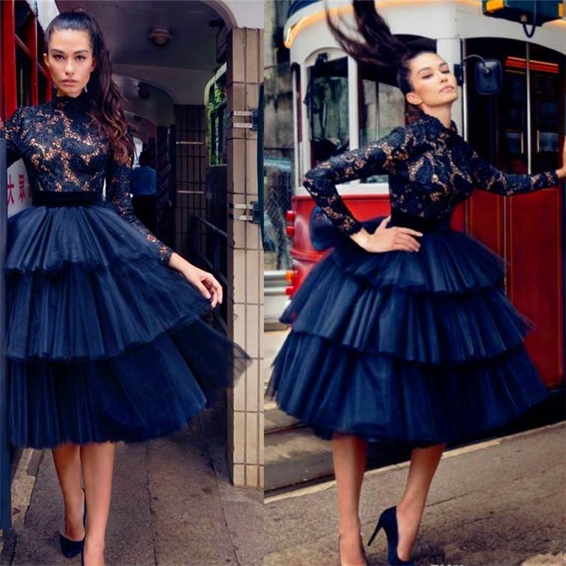 navy blue long sleeve cocktail dress