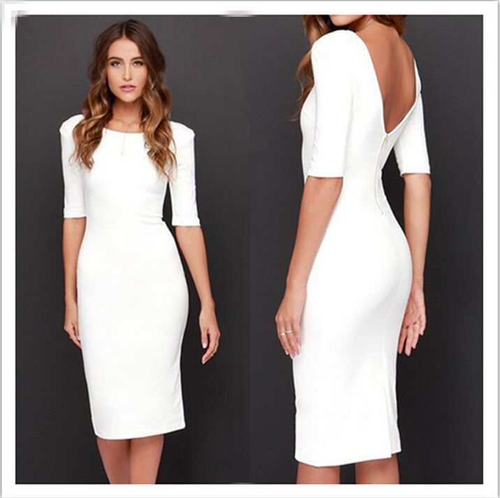 2017 Nuevas De La Manera Del Vestido Blanco Del Lápiz Backless Sexy Half Sleeved Cotton Blends Ahueca Hacia Fuera El Vestido Midi De 25,83 € |