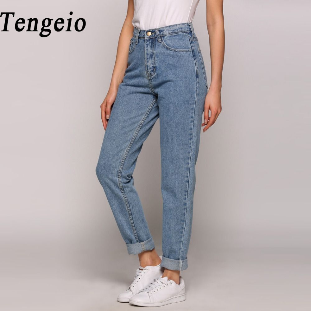 Wholesale Gender Wholesale Tengeio 2017 Fashion Boyfriend Jeans Women Vintage High Waist Washed Button Blue Denim Long Harem Femme 210 $45.39 | DHgate.Com