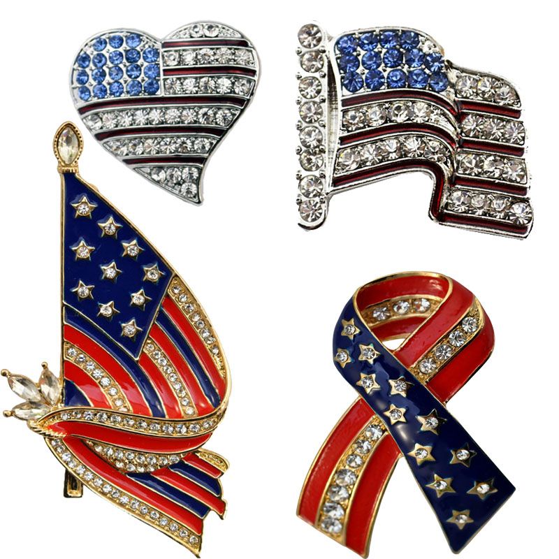 2021 American Flag Enamel Lapel Pins Full Clear Crystal Brooch Collar Pins Silver Tone Golden