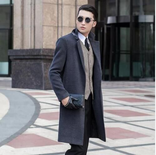 Grey Long Sleeve Suit Collar Wool Coat 