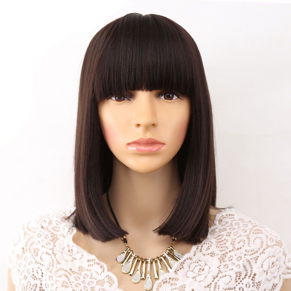 Straight Black Synthetic Wigs With Bangs For Black Women Medium