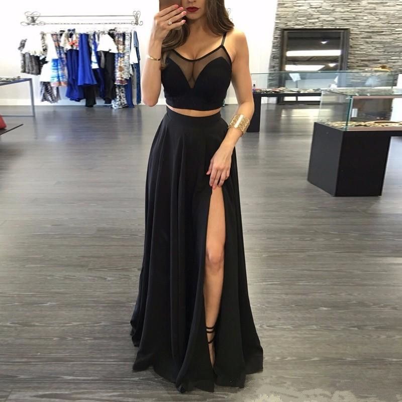 Sexy Negro 2 Piezas Divididas Vestidos Largos De Fiesta Alto Corte De Vestido De Noche Dos Piezas Ver A Través Chffion Vestidos De Graduación Ropa De Club De 79,75 | DHgate