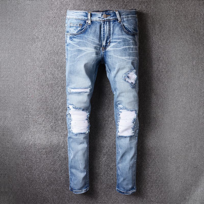 Acquistare Pantaloni Da Uomo Elasticizzati Con Toppe A Costine Sul  Ginocchio Nuovi Uomo Pantaloni Da Moto Blu Chiaro Jeans Slim Taglia 28 40  Economico | Consegna Veloce E Qualità | DHgate Italy