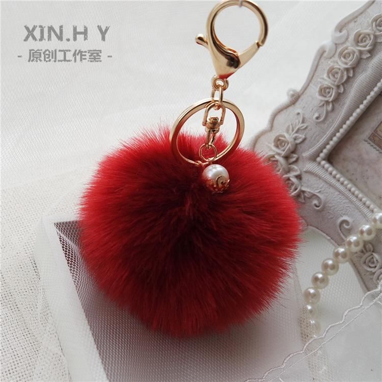 Women Pompom Keyring Rabbit Fur Fluffy Pearl HandBag Pendant Ball Keychain Trend