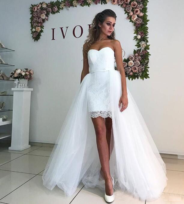 short wedding dress with detachable long skirt