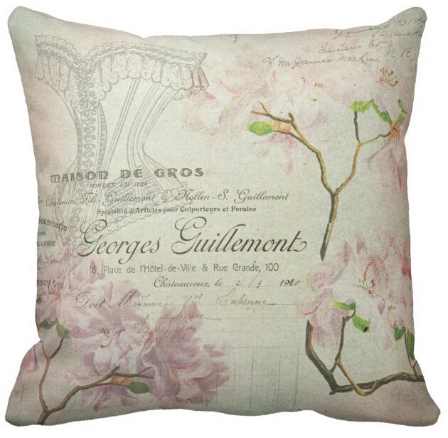 Throw Pillow Case Pink Floral Vintage Chic French Script Home
