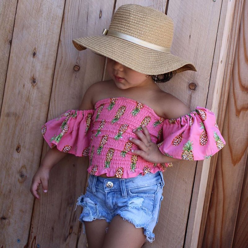 Nuevo conjunto de niñas piñas tops impresos camisa + pantalones cortos de mezclilla