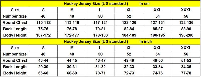 Ice Hockey Jersey Size Chart