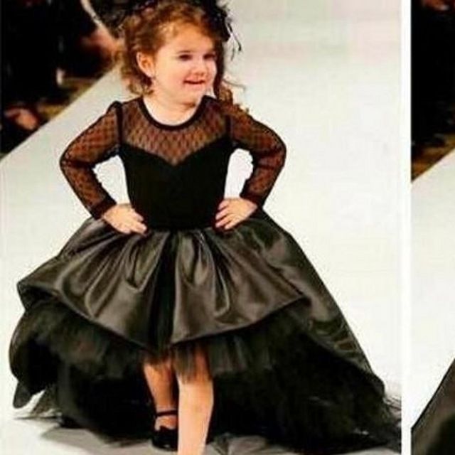 Hot Sale Princess Black Flower Girls\u0027 Dresses Long Sleeve Hi Lo Sweep Train Ball Gown Pageant Dresses Kids Formal Wear Red Carpet Dresses Girl Dresses