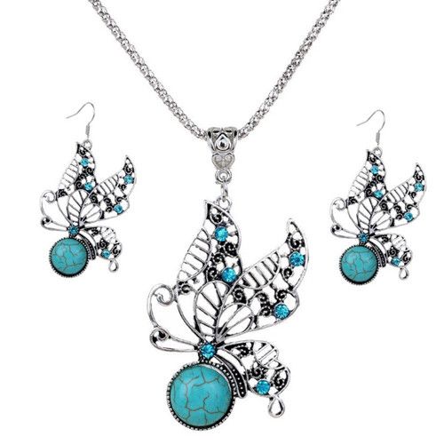 Parure collier et boucles doreille de style vintage pour femme en turquoise reconstitu/ée rouge