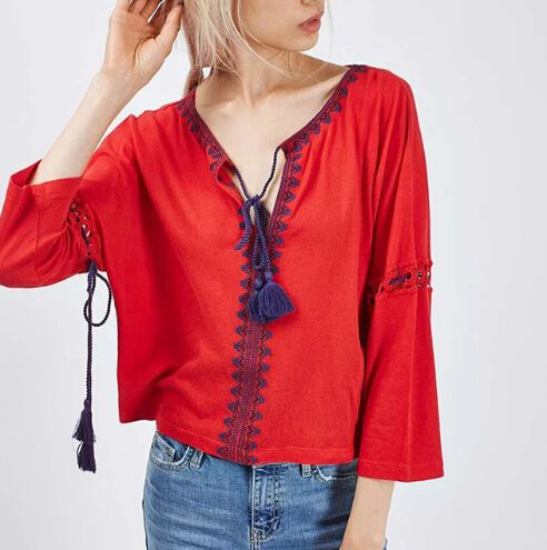 Nueva moda blanca Primavera Blusas de mujer Bordado roja Camisa Cordón Collar de manga