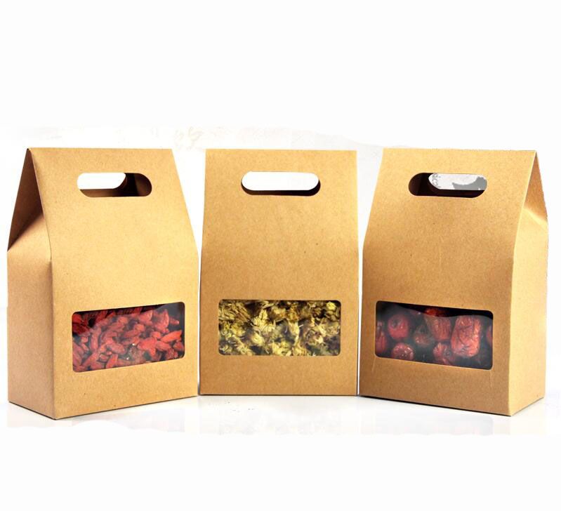 10x15cm Kraft Paper Food Packaging Bag With Window And Handle, For