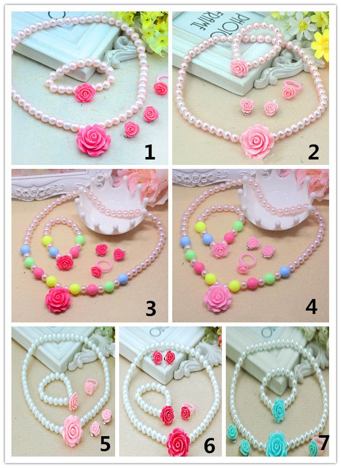 Girl Pearl Necklace Decor Jewelry Set with Bracelet Ring Kid Birthday Gift Best
