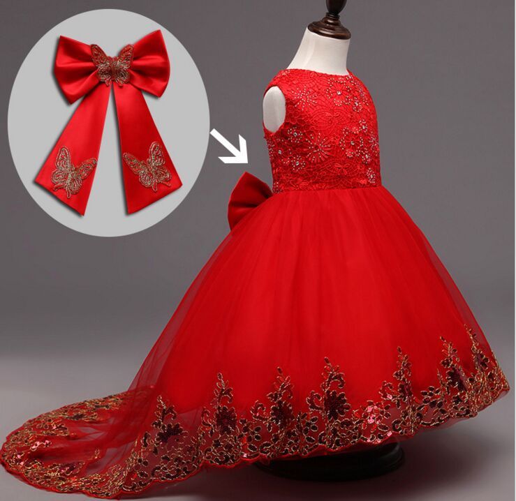 Verano formal de los niños vestido de cola larga para las niñas perla mariposa princesa vestidos Verano formal de los niños vestido de cola larga para las niñas perla mariposa princesa vestidos