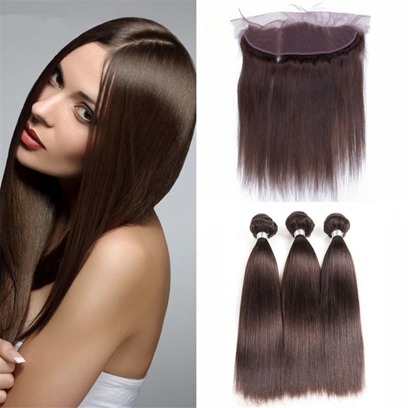 2 Dark Brown Straight Hair Bundles With Lace Frontal Closure