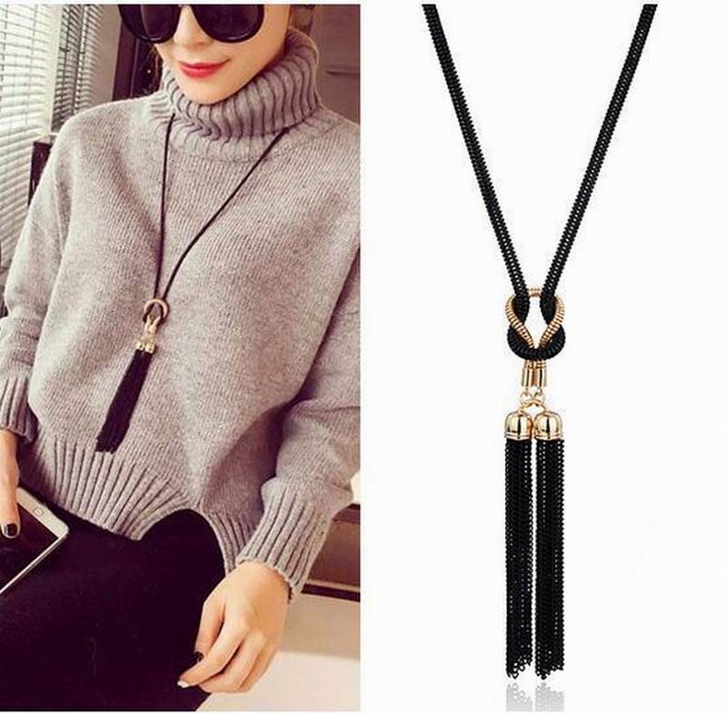 Envío gratis clásico negro borla collar largo mujeres Bijoux nueva de negro cadena