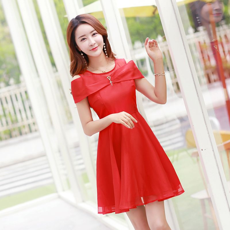Elegant Korean Women A Line Dresses Summer Short Sleeve Slash Casual Dress Slim O Neck Sexy 