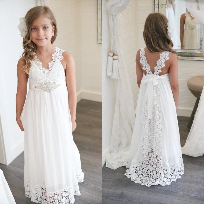 2019 New Arrival Boho Flower Girl Dress For Wedding Beach V Neck A Line Lace And Chiffon Kids White Wedding Dresses Custom Made Little Girl Dress