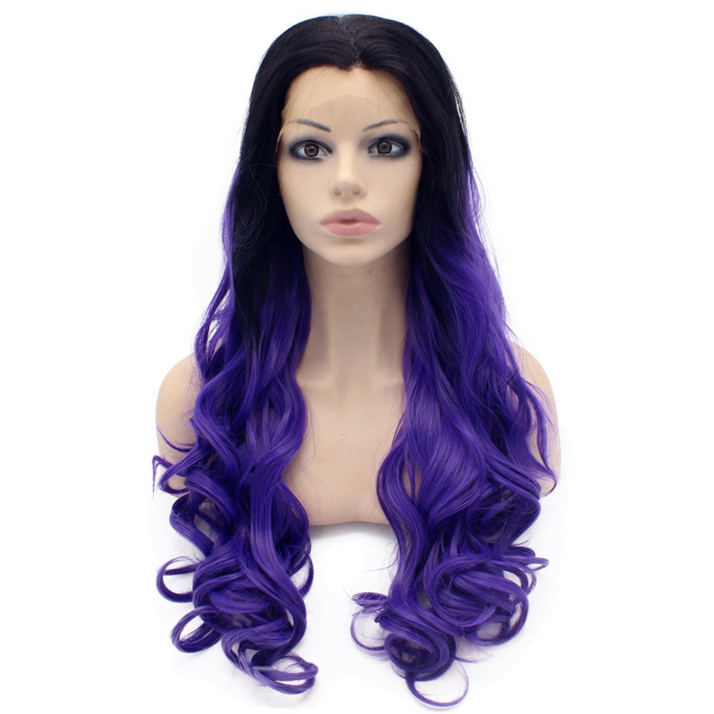 Long Wavy Black Violet Purple Two Tone Lace Front Ombre Wig