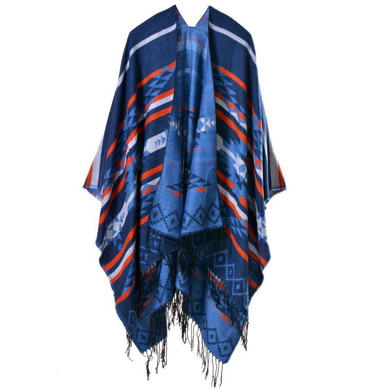 Women's Bohemian Tassel Knit Poncho - Reversible Long Pashmina Cape Shawl For Winter & Fall - View #4