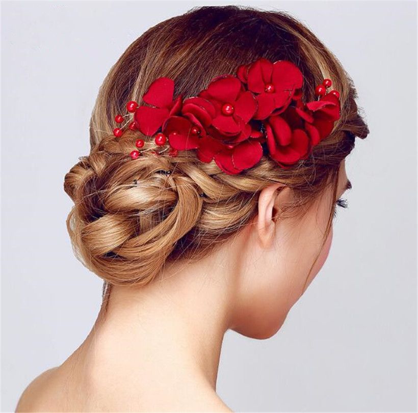 Vintage Wedding Bridal Hair Flower Comb Red Rose Headpiece Hair