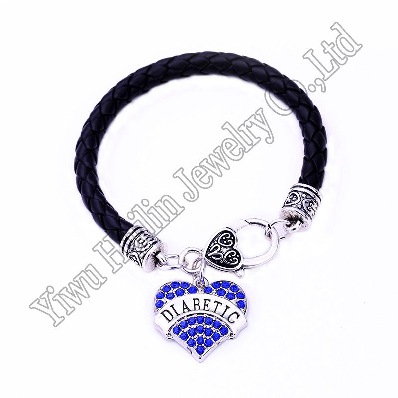 Hui Lin Diabetic Awareness Alert Crystal Heart Silver Charm with 7.5 Wheat Chain Lobster Claw Bracelet