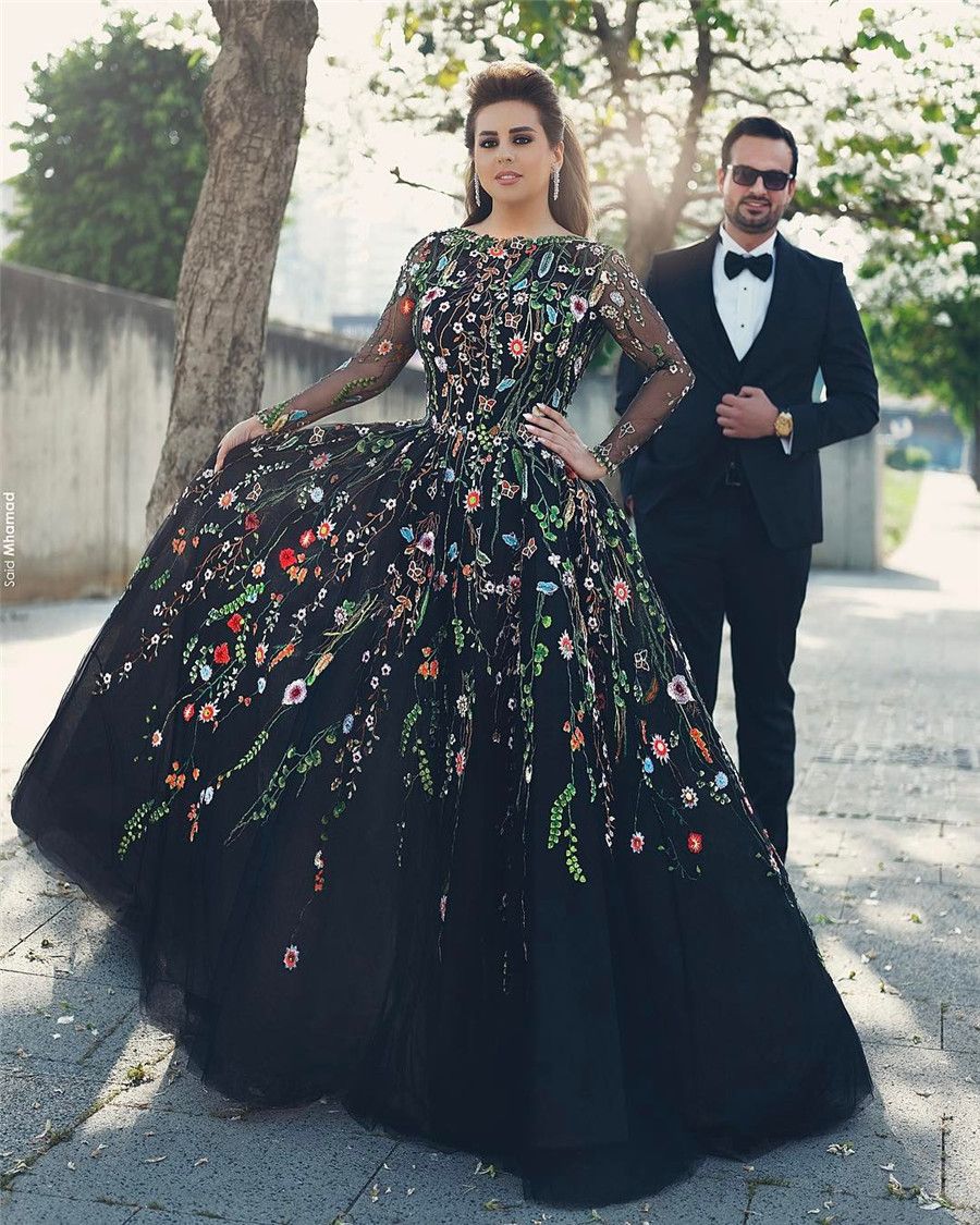 black prom dress with embroidered flowers