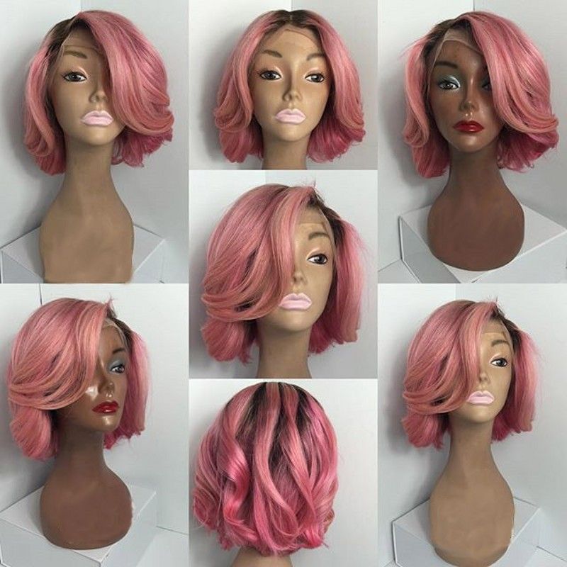 150density Natural Wavy Ombre Color Short Synthetic Lace Wigs Pink