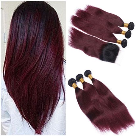 Malaysian Burgundy Ombre Human Hair Weave With Lace Closure 4x4