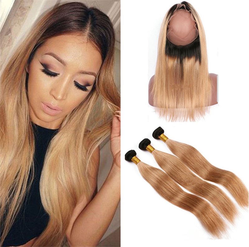 Dark Roots Honey Blonde Virgin Hair Bundles With 360 Lace Frontal