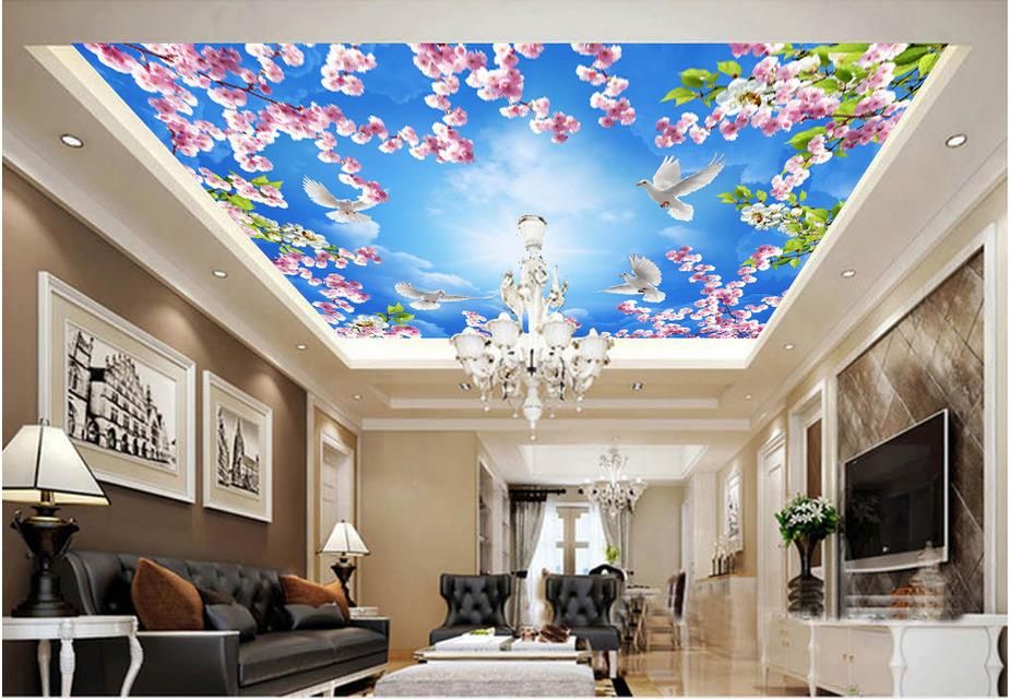 Grosshandel 3d Decken Tapete Fur Schlafzimmer Wande Benutzerdefinierte 3d Tapete Fur Decken Peach Blossom Pigeon Schone 3d Decken Tapeten Fur