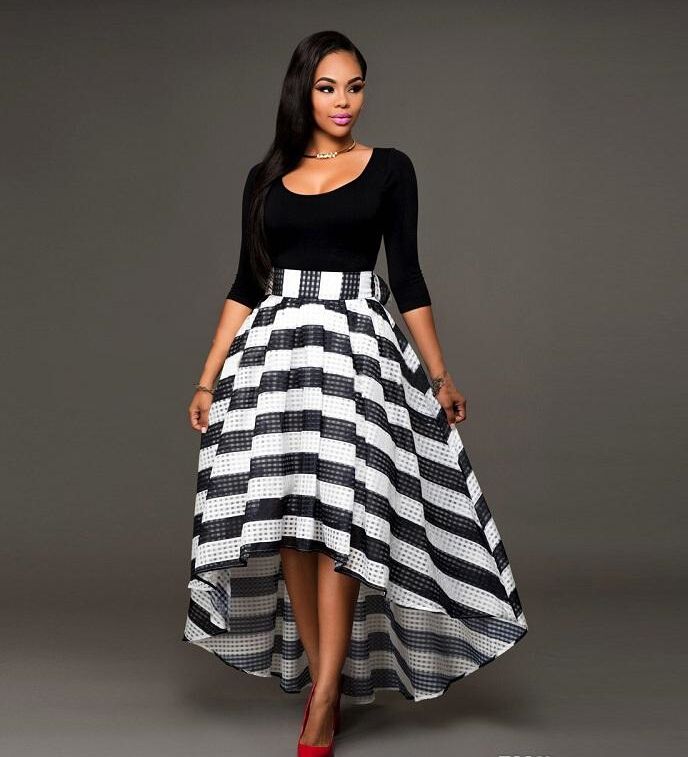 Compra Vestidos De Blanco Y Negro Vestidos De Longitud De Tobillo Falda  Rayada O Cuello Falda De Traje De Dos Piezas Blusa De Manga Larga De Color  Sólido Barato | Entrega Rápida