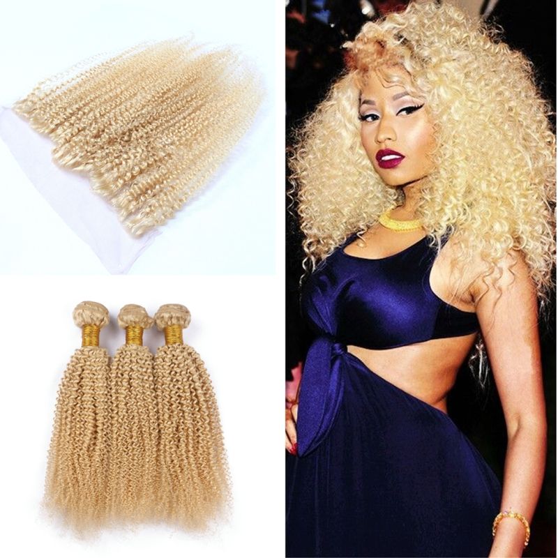 Afro Kinky Curly Blonde 613 Human Hair Weaves With Lace Frontal