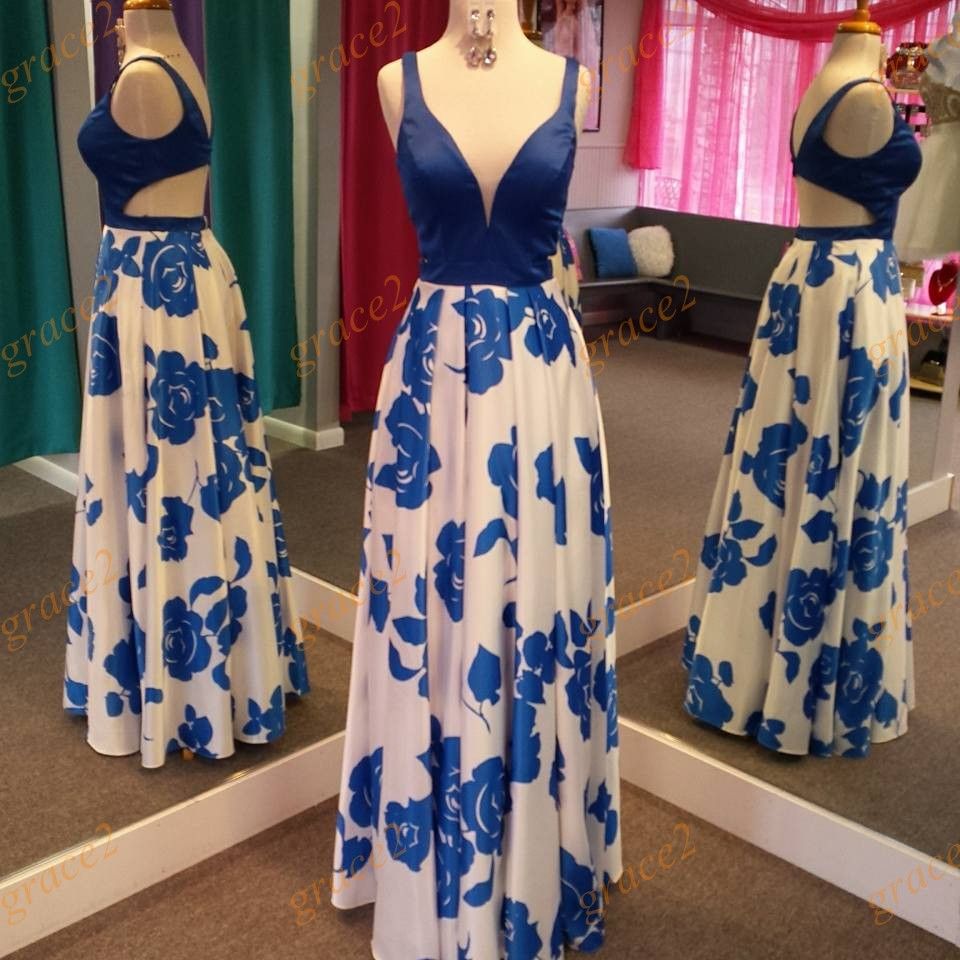 blue and white flower prom dress