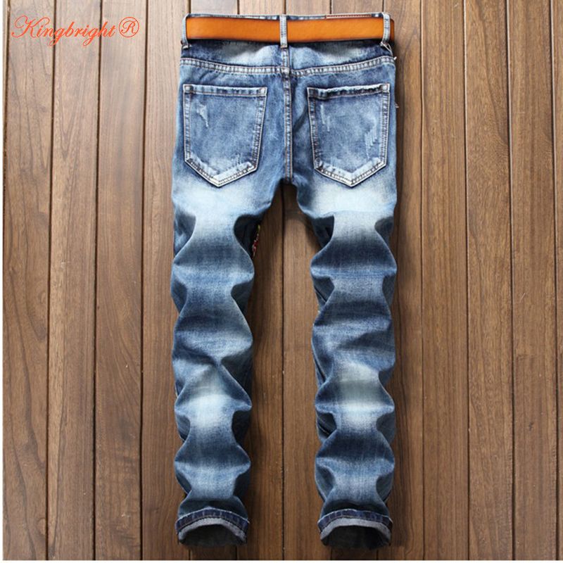 Mens Owl Blue Rose Embroidery Casual Holes Ripped Torn Jeans Pants 