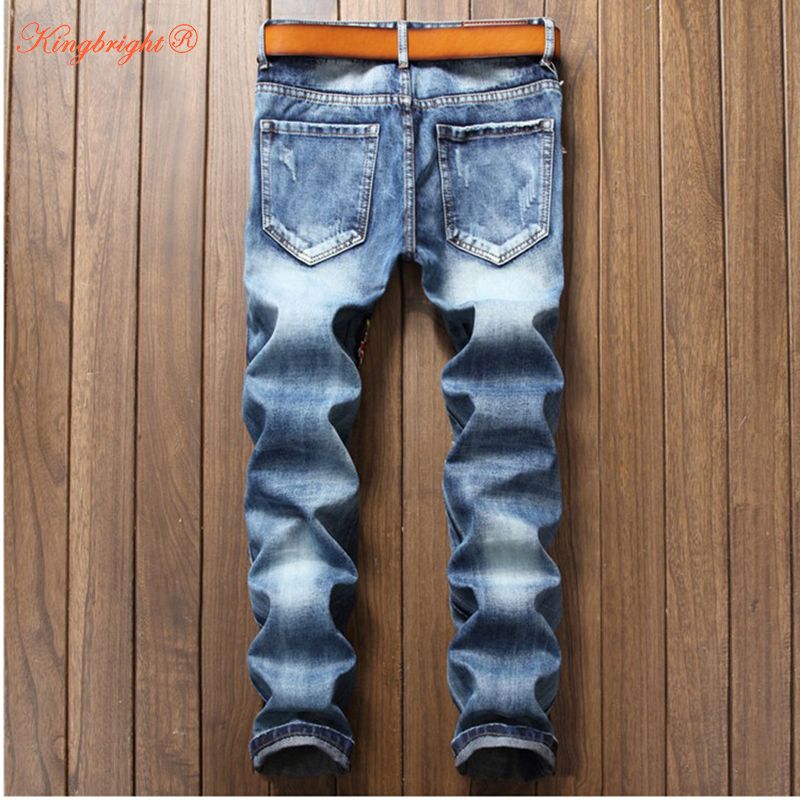 Mens Owl Blue Rose Embroidery Casual Holes Ripped Torn Jeans Pants Mens Owl Blue Rose Embroidery Casual Holes Ripped Torn Jeans Pants