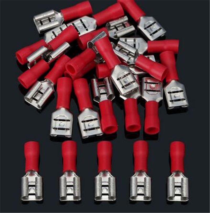 100Pcs Red 6.3mm Insulated Female Spade Terminal Crimp Wire Connector 22-18AWG !