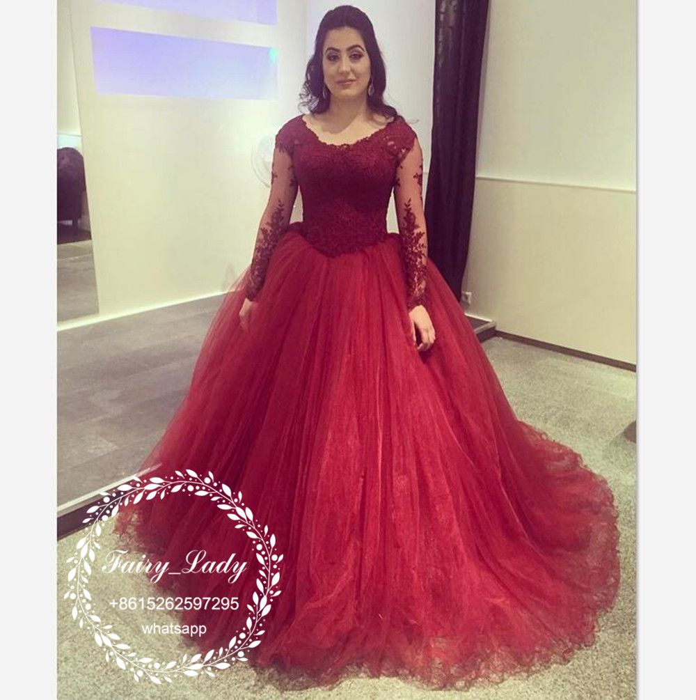 Dark Red Sheer Lace Appliques Wedding Dresses With Long Sleeves