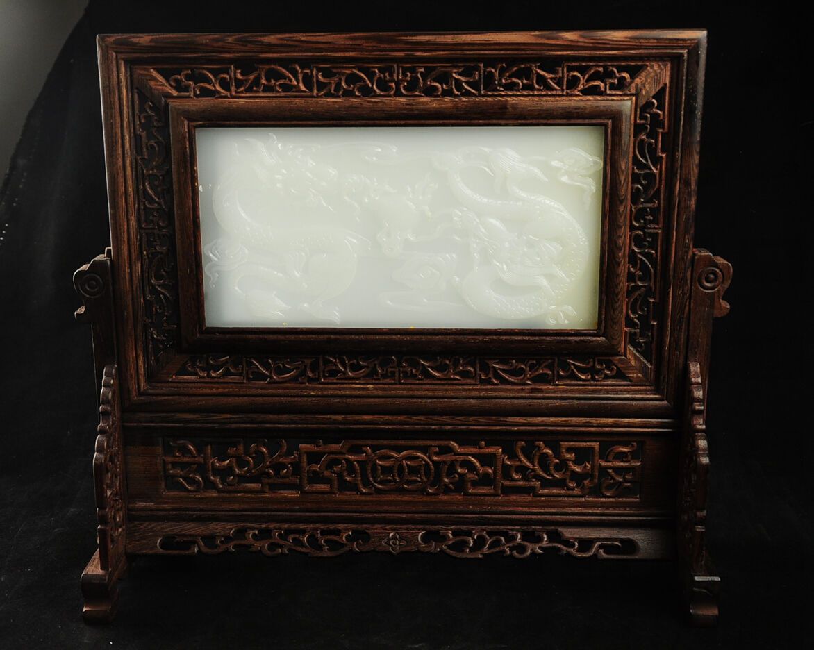 FINE CHINESE WOOD INLAID AFGHANISTAN JADE TWO DRAGONS SCREEN