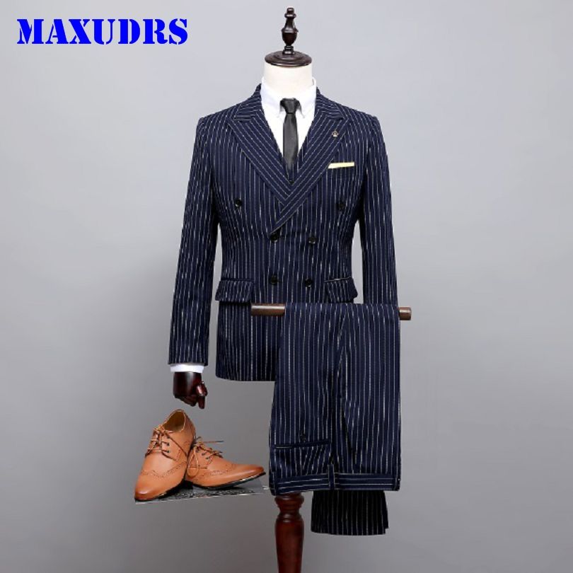 Acquistare 2017 Abito Da Sposo Gessato Blu Scuro Abito Doppiopetto Da Uomo  Daffari Abito Da Sposo Completo Da Uomo Giacca + Pantaloni + Gilet  Economico | Consegna Veloce E Qualità | It.Dhgate