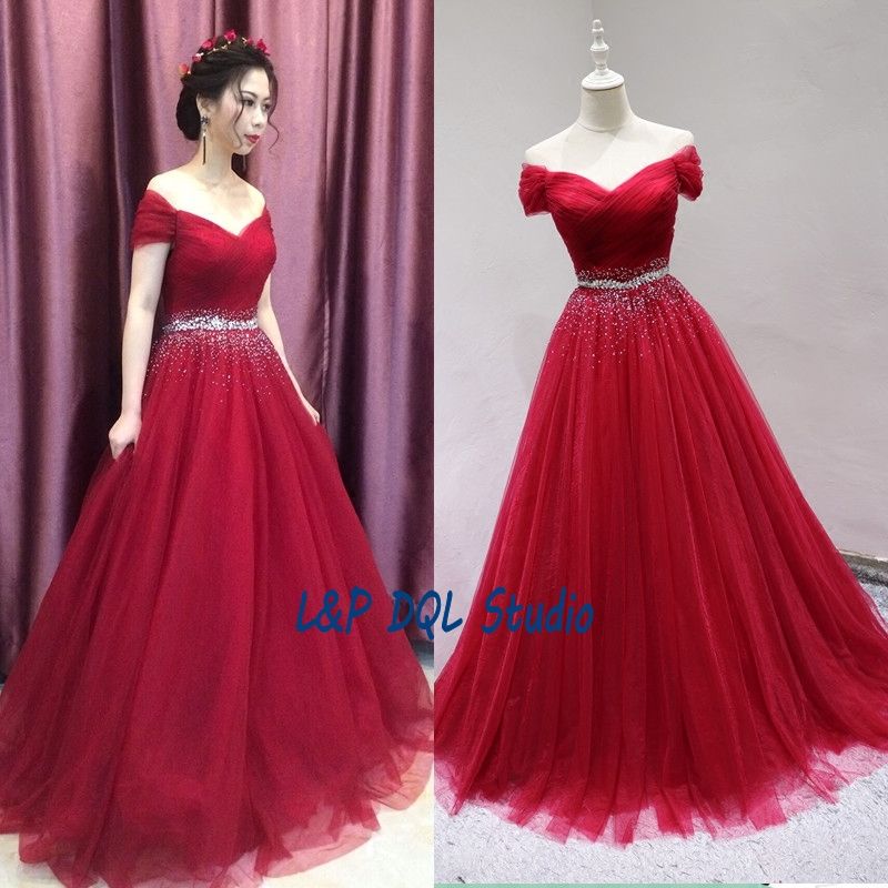 red off shoulder gown