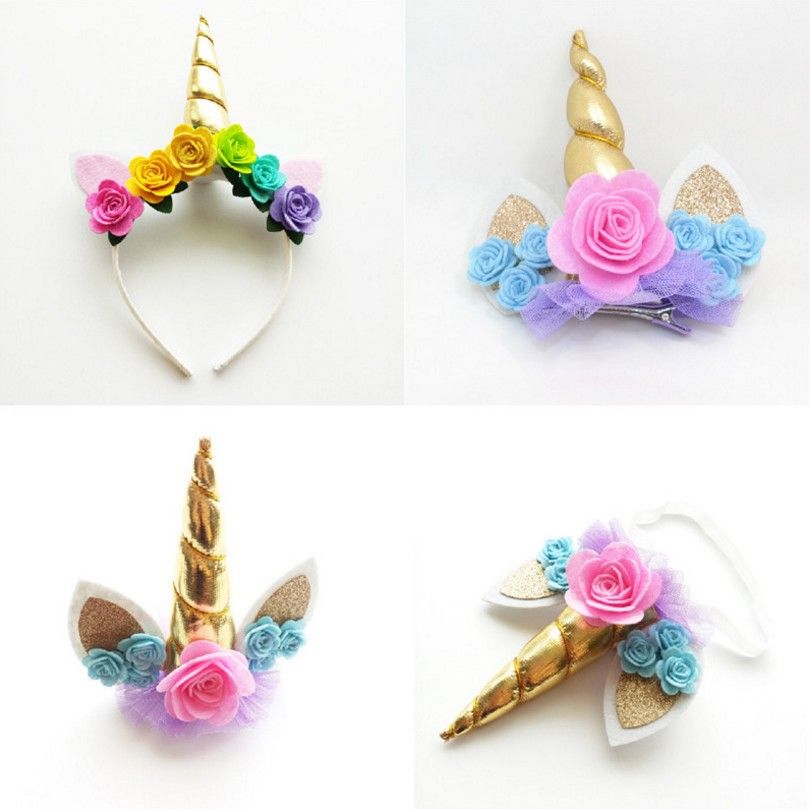 Unicorn Horn Baby Girls Headband Sequins Ear Flower Children Hair