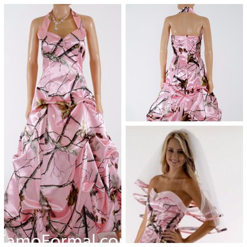 Halter Pink Camo Wedding Dress Draped Formal Slim Camouflage Bridal