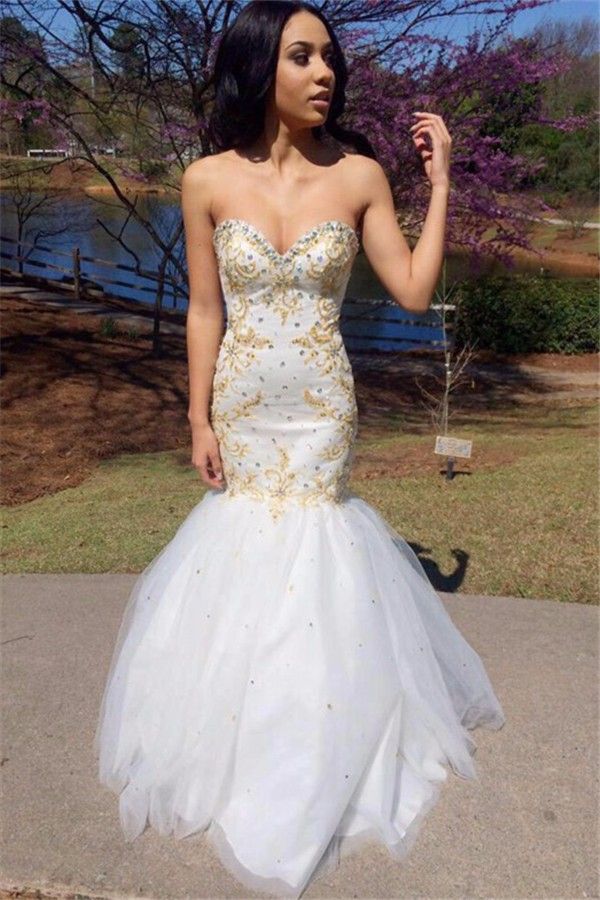 gold and white mermaid prom dress