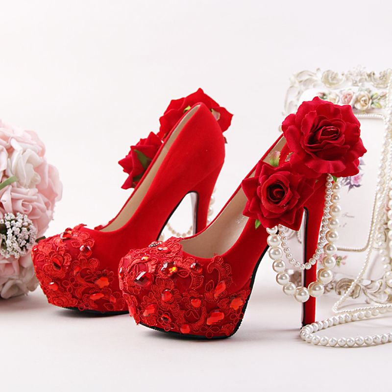 Red Wedding Shoes Flower Rhinestone Bridal Dress Shoes Stiletto Heel