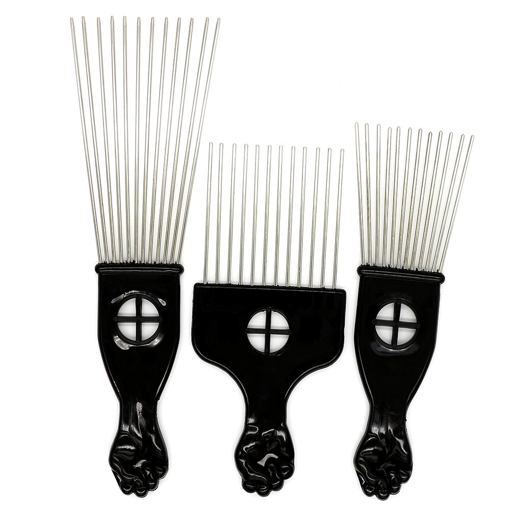Black Plast Fist Handle Afro Brush Stianless Steel Wide Teeth Metal Hair  Pick Afro Comb With Fist