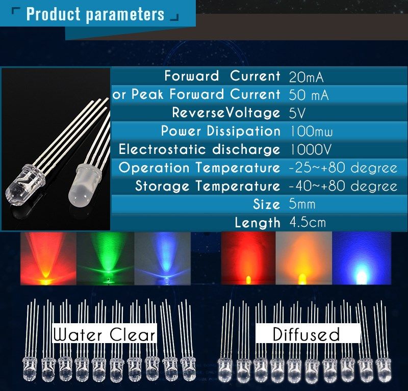 50 x 5mm 4-Pin Tri-Color RGB Diffused Common Anode Red Green Blue LED Leds Light