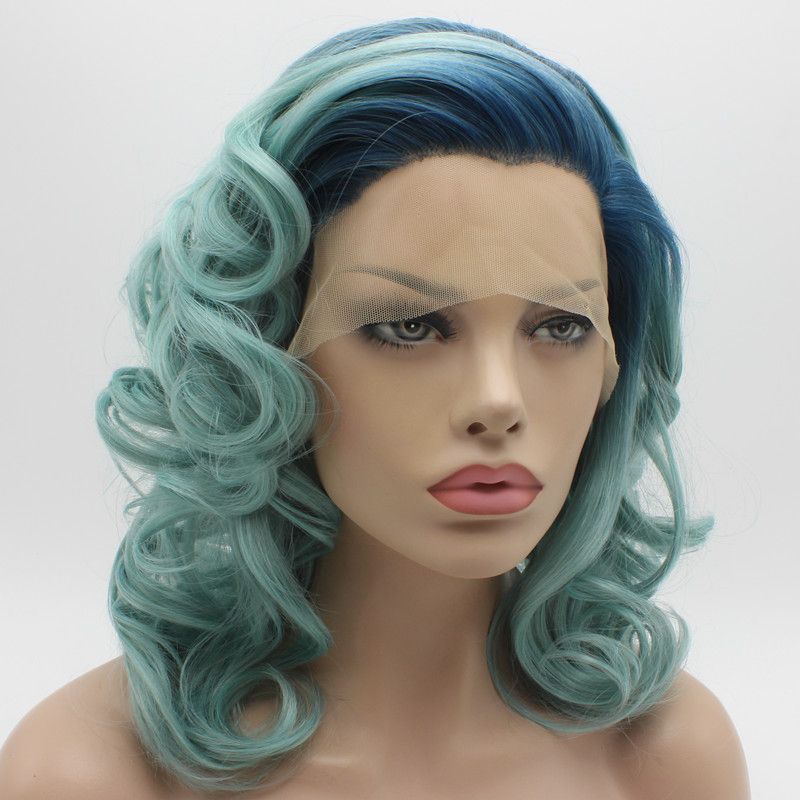 Iwona Hair Wavy Shoulder Length Blue Root Light Blue Ombre Wig 19