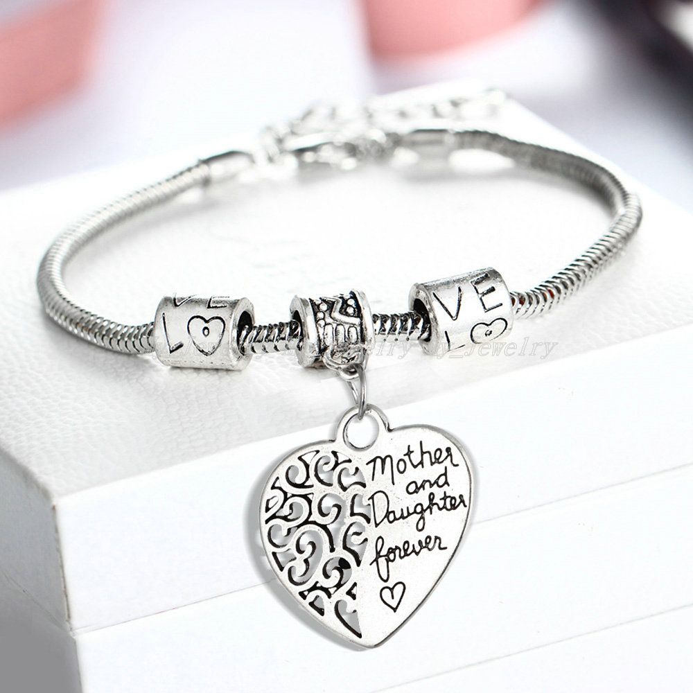 Wholesale- 2016 Heart Bracelet Silver Plated Love Between Mother And Daughter Family Gifts Mother's Day Jewelry Bangle Bracelets Charm